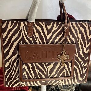 Caitina Brown and Cream Zebra Crossbody Bag w/ purse charm